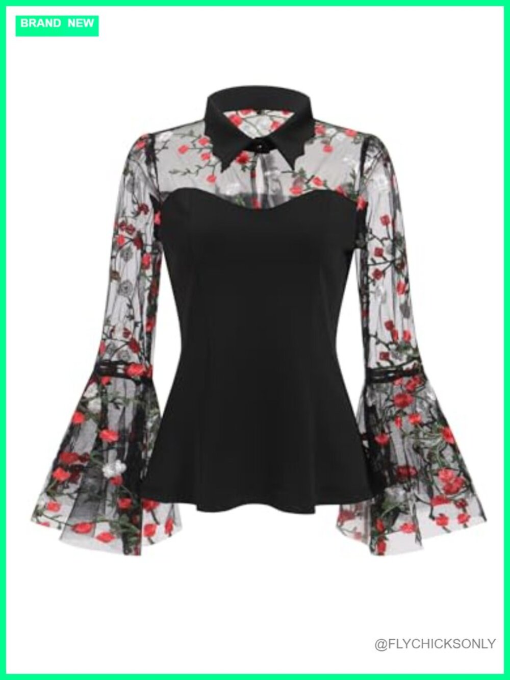 IWEMEK Gothic Mesh Sheer Bell Sleeve Blouse Victorian Punk Top